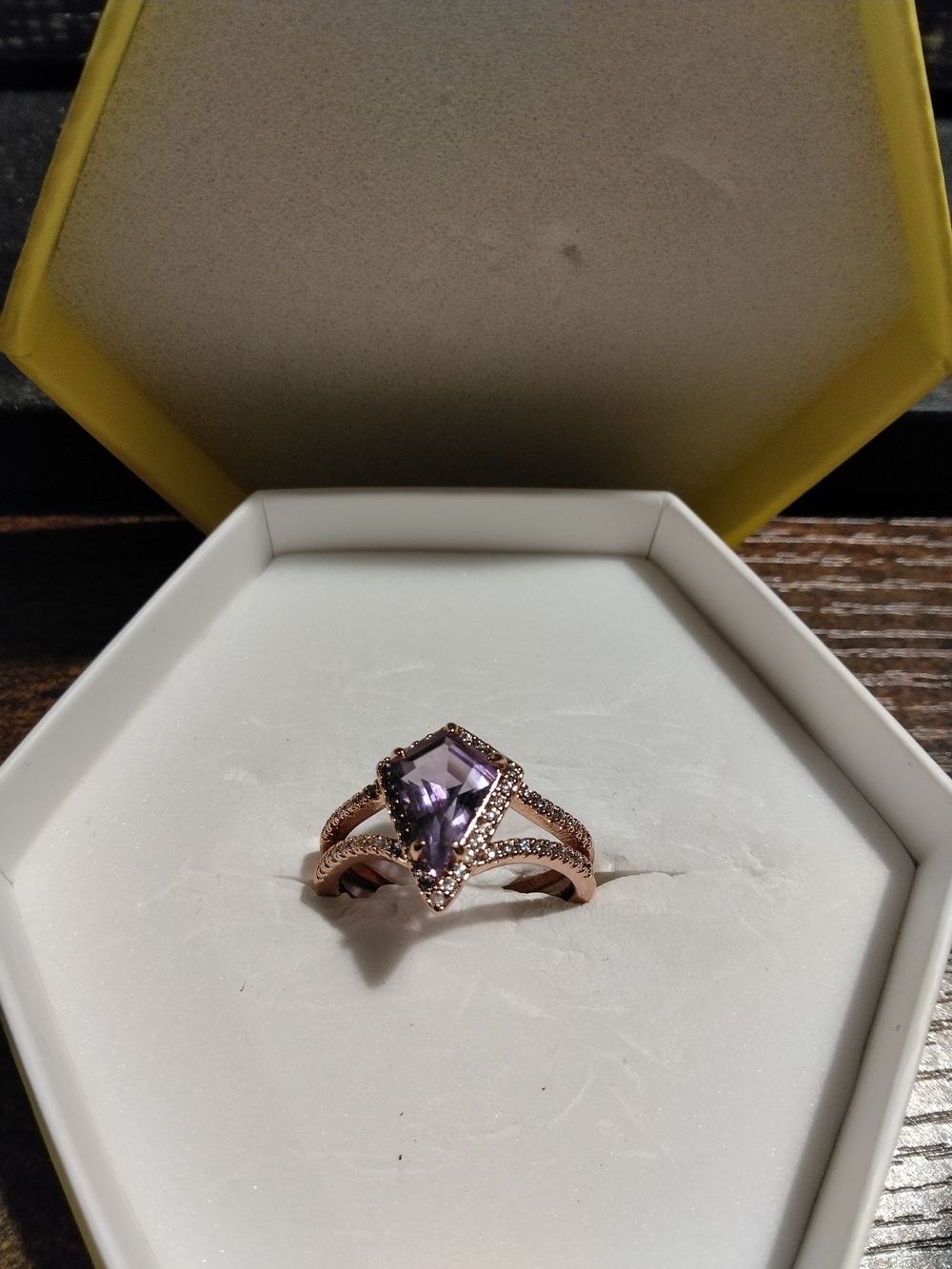 Rose Gold Amethyst Statement Ring - Purple Crystal Accent Ring Bomb Party Sz 9